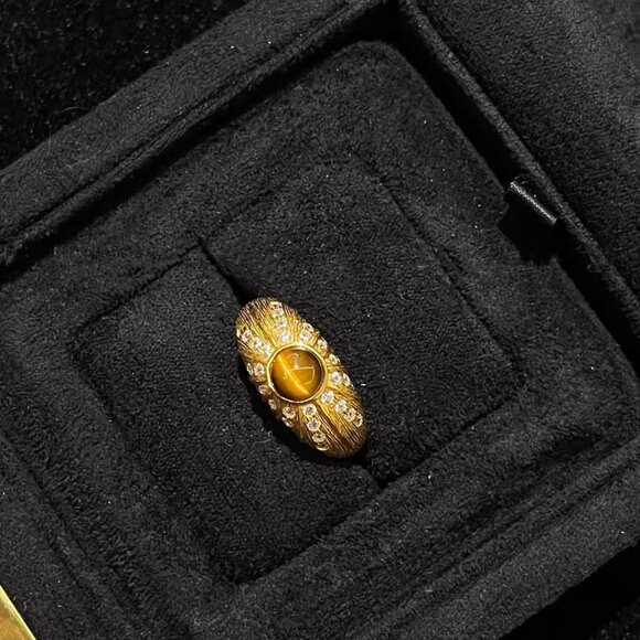 Men's Women's 14k Gold Plated Solid Sterling Silver Tiger's Eye ced CZ Ring - Picture 1 of 6